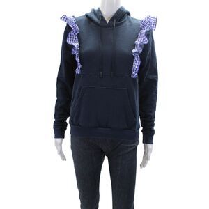 Addison Bay Womens Cotton Checkered Ruffle Detail Pullover Hoodie Navy Size S